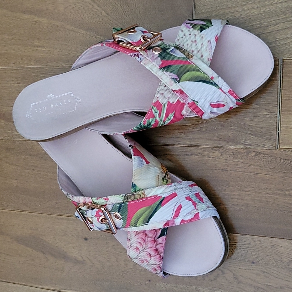 Ted Baker floral slides with rose gold buckles‎ 40.5